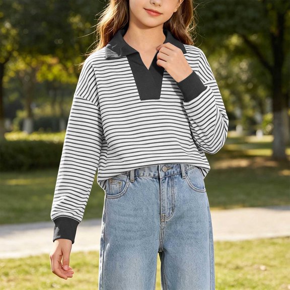 Lutiedan Striped Sweatshirt for Girls Fall Winter V Neck Pullover Tops Casual Long Sleeve Warm Sweatshirts Size 5-15,Black