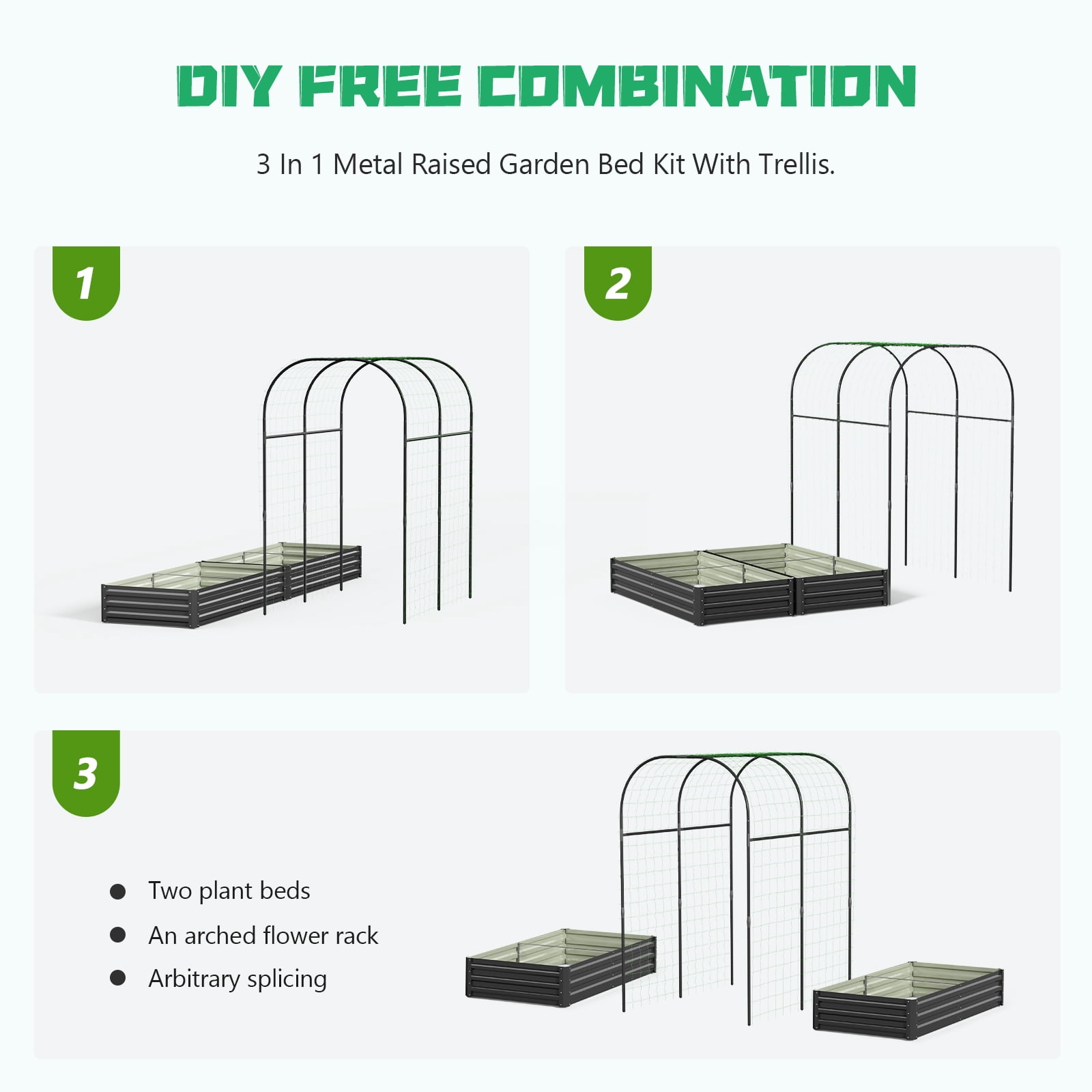 Slsy Galvanized Raised Garden Bed with 87in Tall Garden Trellis Metal Plant Support Trellis Archway for Vegetables Flowers Herbs,Black