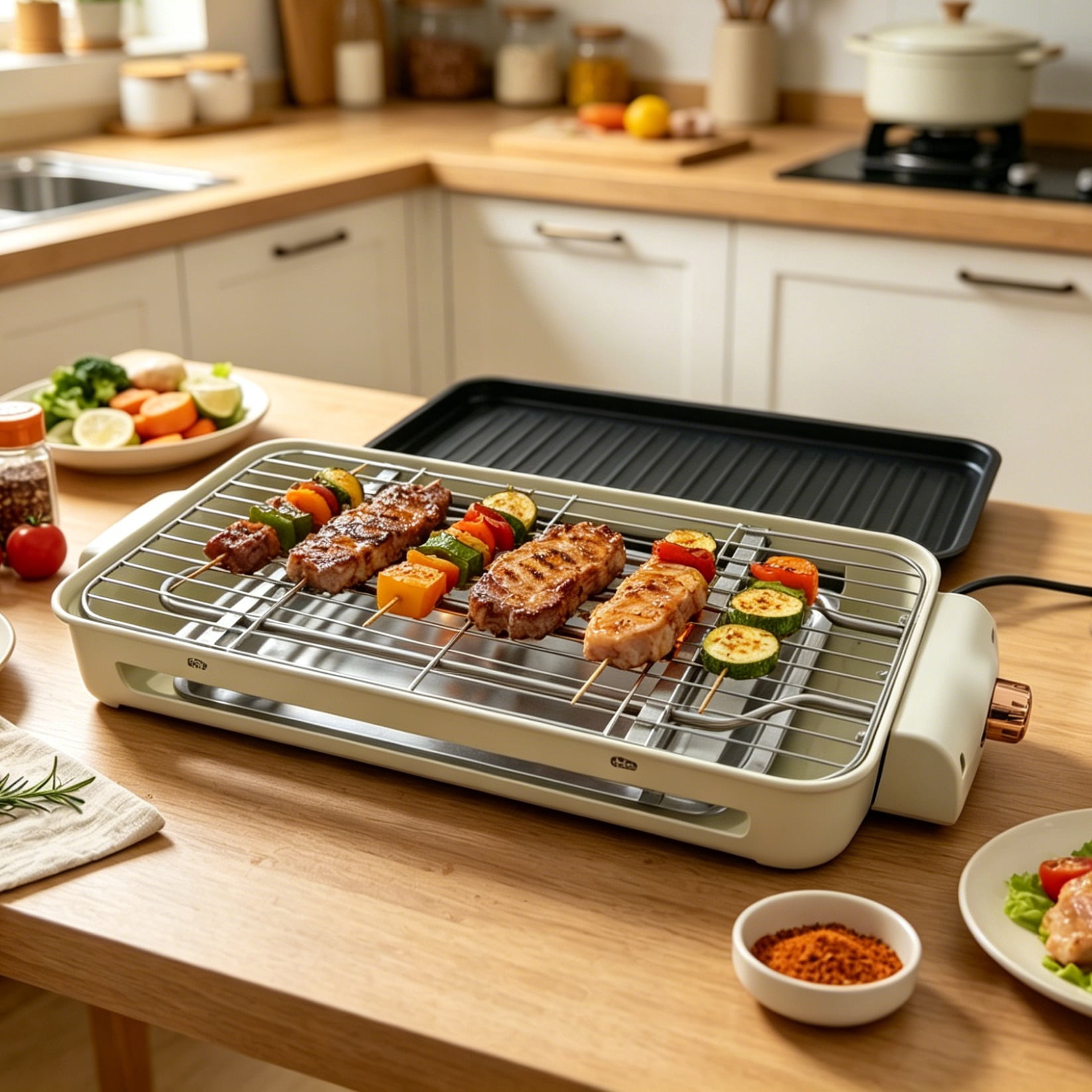 REDUSK Electric Indoor Grill 1500W, 3 in 1 Versatile Smokeless Indoor Grill for Home Cooking, Non-Stick Removable Grill & Griddle Plate, Temperature Control,  White