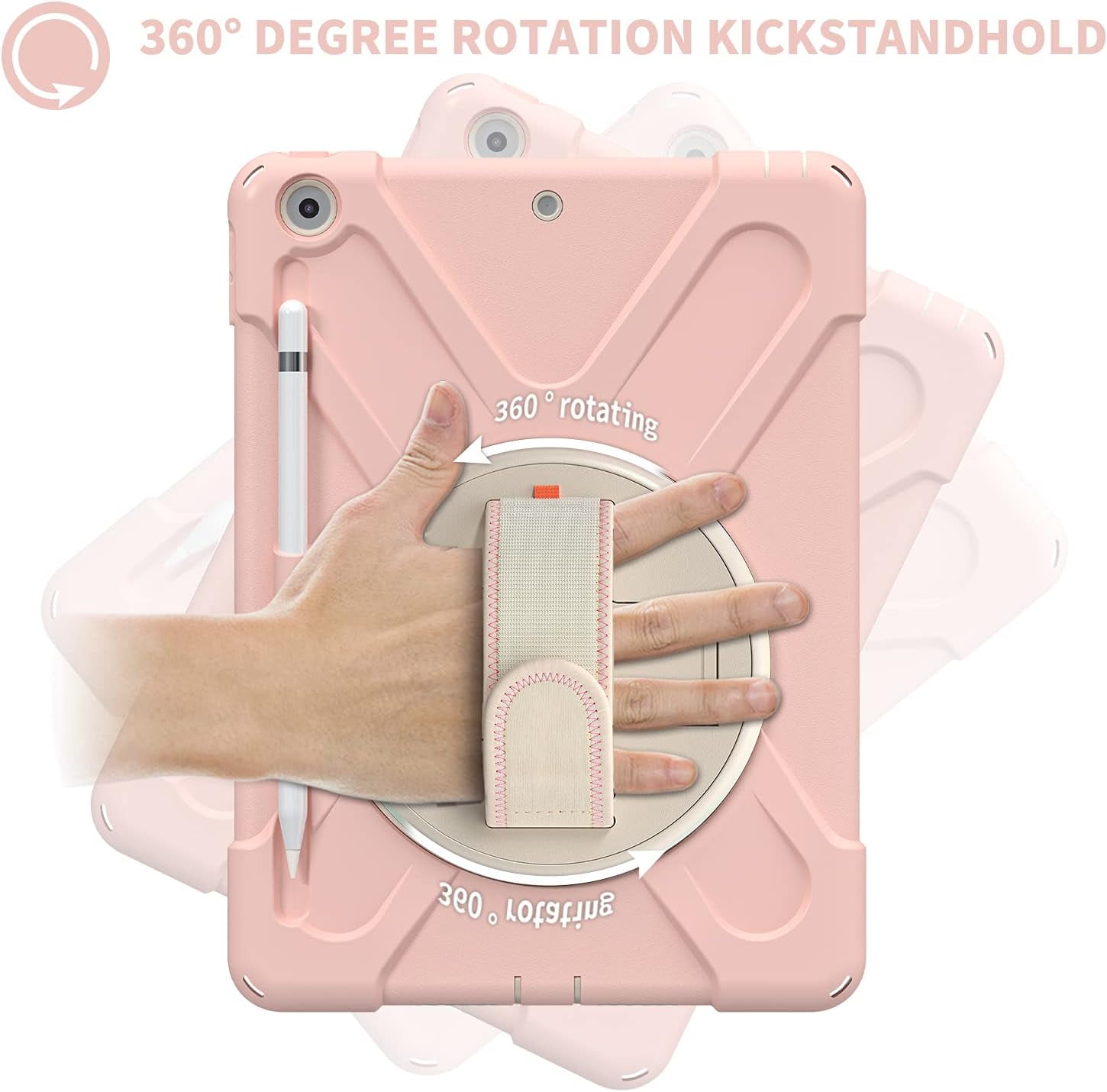 ZenRich Shockproof Case for iPad 9th/8th/7th Generation 10.2 inch 2021/2020/2019, Heavy Duty Rugged Case with Pencil Holder/360° Rotating Kickstand/Handle/Carrying Strap, Pink