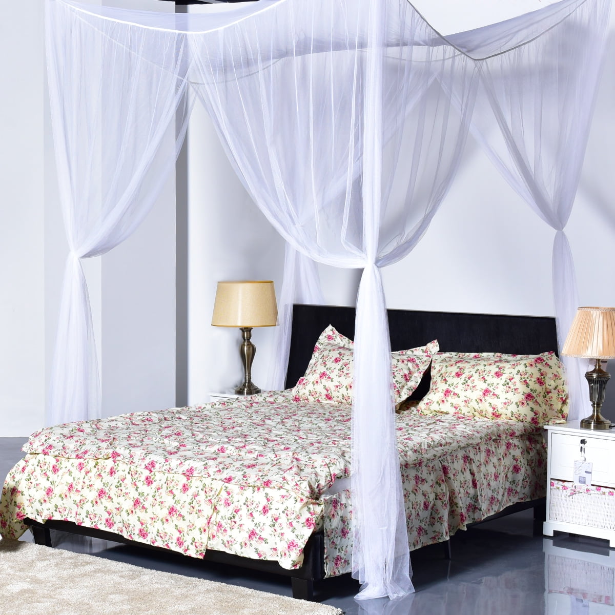 4 Corner Post Bed Canopy Mosquito Net Full Queen King Size Netting Bedding White Walmart Com Walmart Com