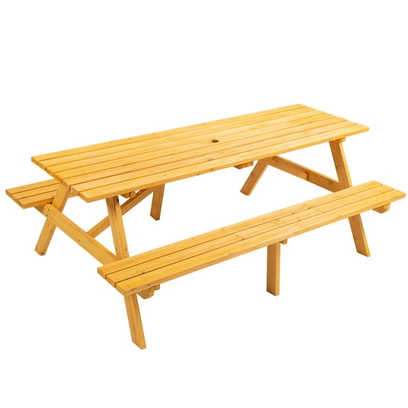 8 Person Camping And Garden Picnic Table, Brown Wooden With 2 Seats Built-in Benches For A Lively Outdoors Outdoor Table 8, Wood Peaceful Time