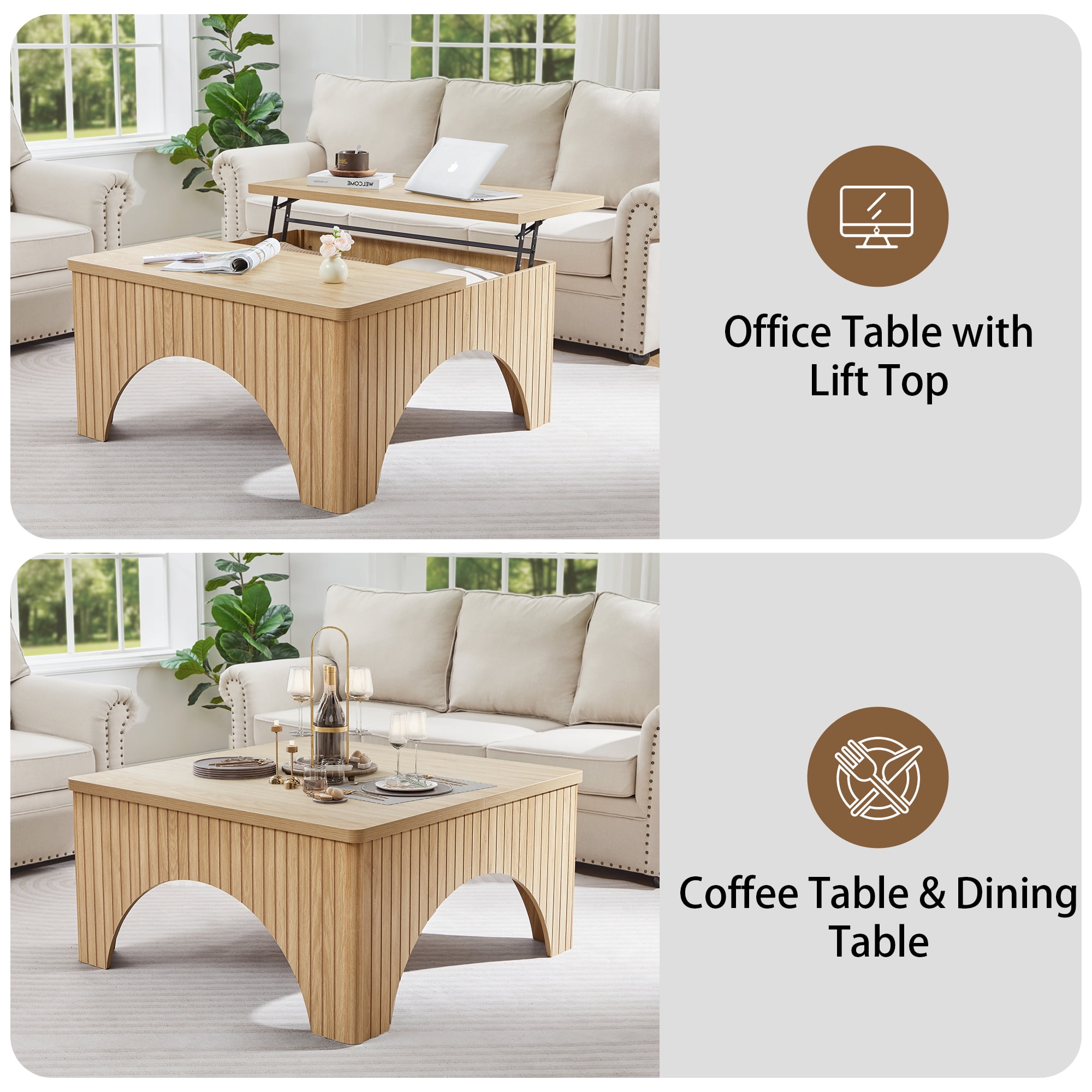 YOCWO 4 in 1 Carved Arched Square Coffee Table with Flip Top and Lift Top, Square Coffee Table with Hidden Compartments Storage for Living Room, Natural