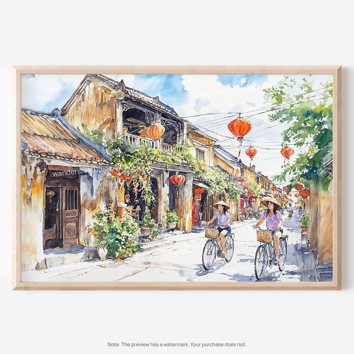 Hoi An Vietnam Watercolor Travel Poster With Bicycle Street Scene