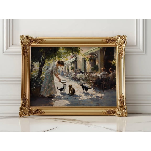 Woman Feeding Cats In Outdoor Cafe Poster, Cat Mom Wall Art, Impressionist Feline Art, Lady And Kitty Print, Victorian Cat Decor,, Unframed Poster Size 12x18