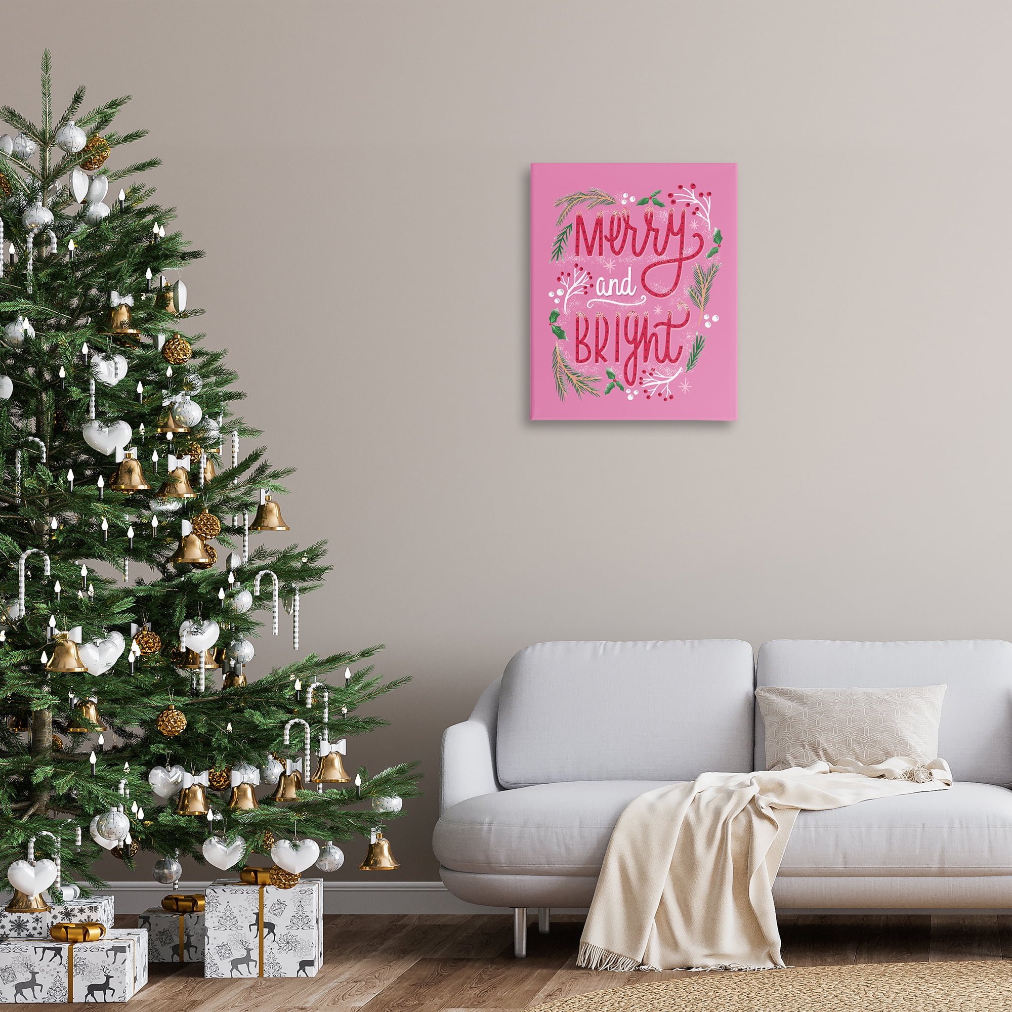 Stupell Industries Merry and Bright Pink Pine Holiday Painting Gallery Wrapped Canvas Art Prints Wall Art, 24 x 30