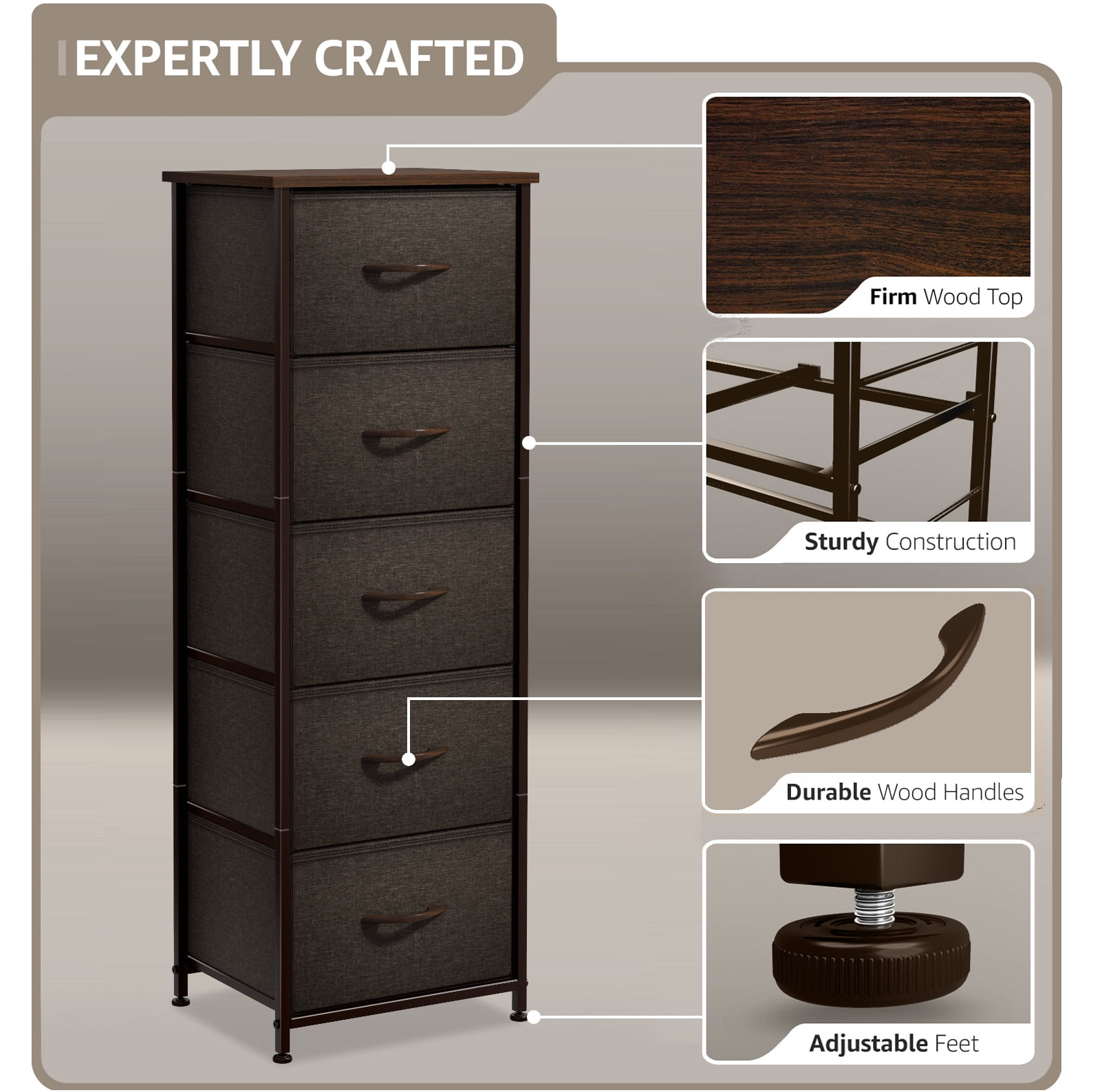 Sorbus Dresser Storage Tower, Organizer for Closet, Tall Dresser for Bedroom, Chest Drawer for Clothes, home office, Living Room, College Dorm, Steel Frame, Wood Top, Fabric, 5 Drawers