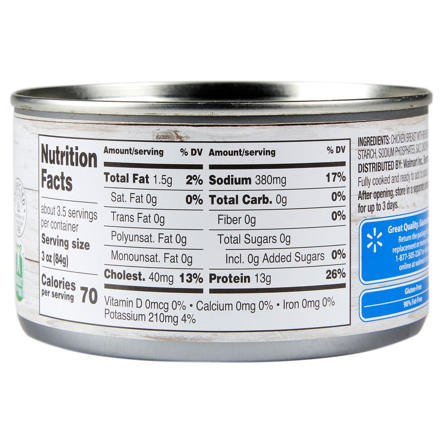 Great Value Chunk Chicken Breast, with Rib Meat in Water, Fully Cooked, 12.5 oz Can, 12 Count
