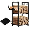 thumbnail image 1 of Indoor Firewood Rack With Kindling Hooks & Mat, 32'' Holder in 2-Layer Design, Small Log Holders  Up to 180lb, Storage Rack for Fireplace Deck, 1 of 8