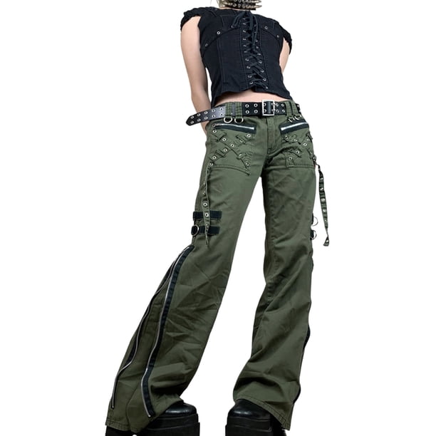 SHIBAOZI - Pantalones cargo góticos punk para mujer, estilo e-girls, de cintura baja, acampanados, de pierna ancha, holgados, ropa de calle