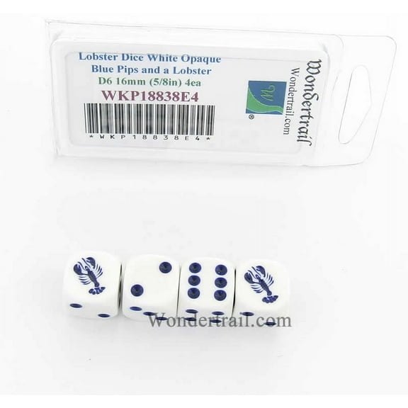 Lobster Dice D6 White Opaque with Blue Pips 16mm (5/8in) Set of 4 Wondertrail