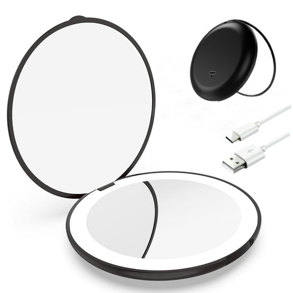 HTSQYL Compact Mirror with Light, 1X/10X Magnification LED Pocket Mirror with USB Data Cable,3.5" Mini Mirror for Purse, Pocket,Travel and Present (Black)