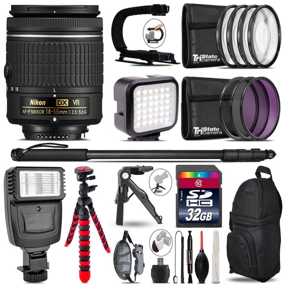 Nikon AF-P 18-55mm VR -Video Kit + Slave Flash + Monopad - 32GB Accessory Bundle (International Version)