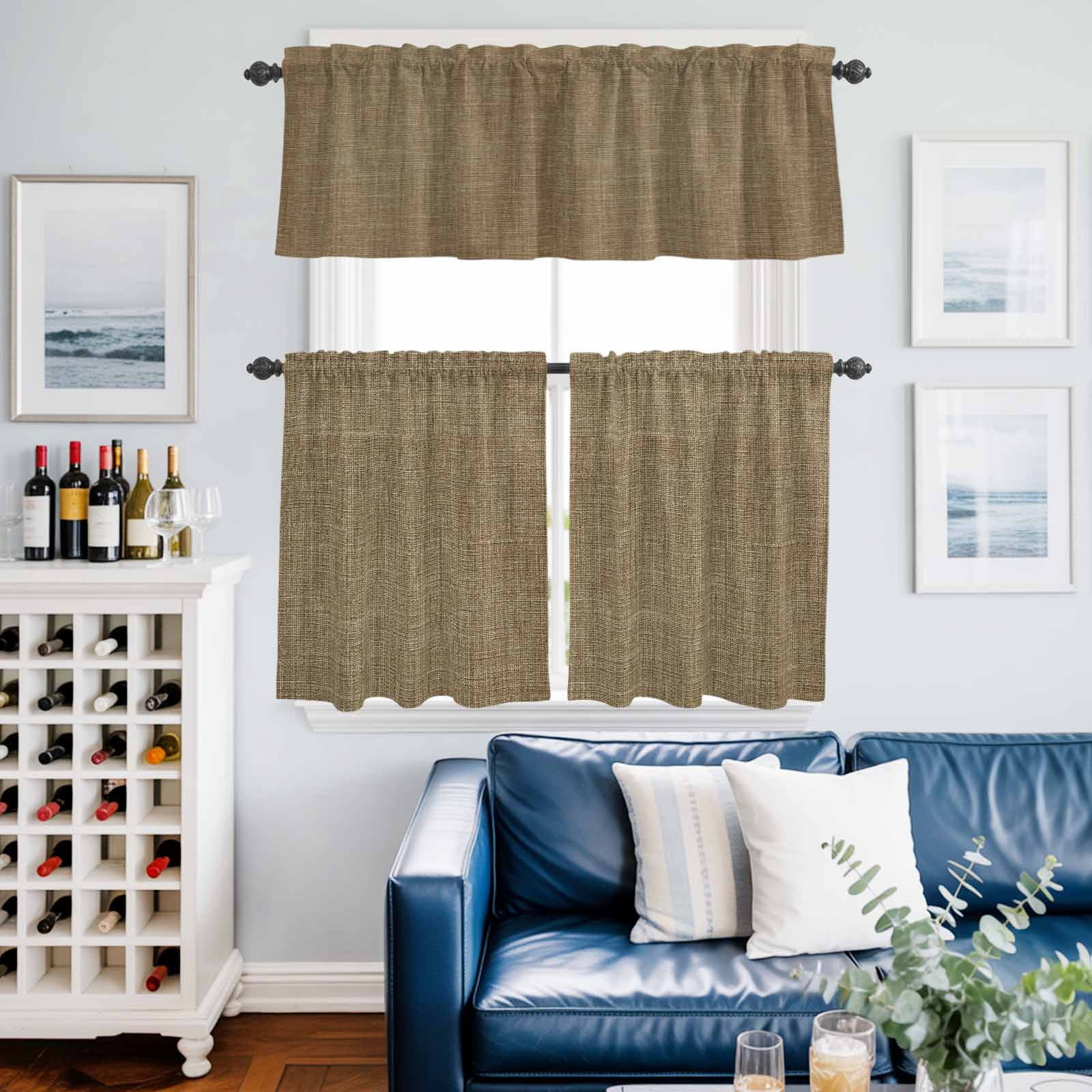 Vintage Brown Kitchen Curtains Sets for Windows 24 Inch Length, Farmhouse Retro Dark Solid Color Linen Texture Rod Pocket Window Treatments Tier Curtains and Valances Set for Bedroom/Bathroom
