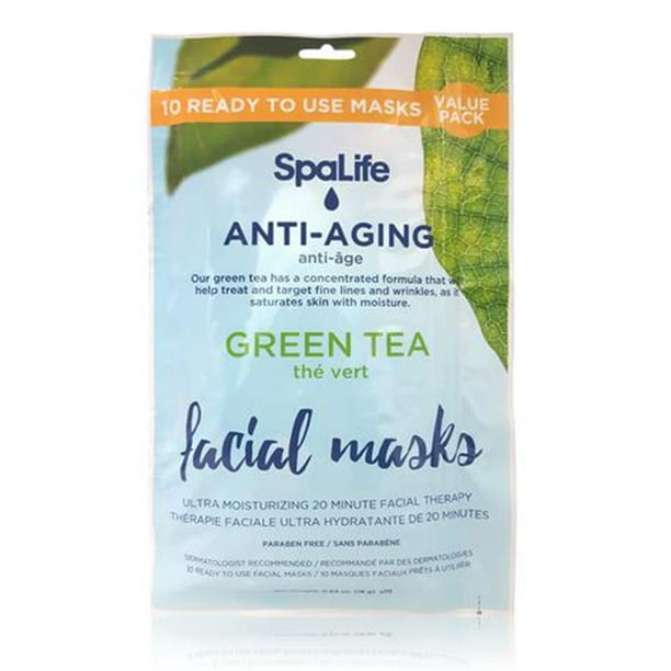 SpaLife Green Tea Facial Masks, 10 Pack