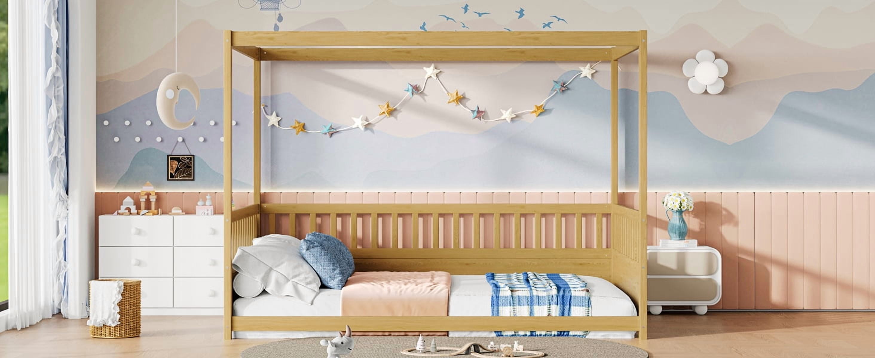 Canopy Bed Frame with Guardrails for Kids, Full Size Floor Bed with Four Poster Design, Natural Pine Wood Montessori Bed, Low Profile Floor Bed with 21.45-Inch Guardrail