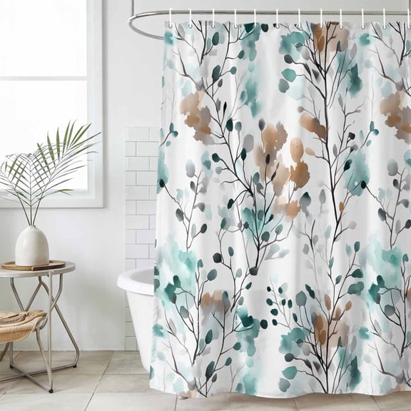 Teal Brown Spring Floral Shower Curtain Set, Waterproof Shower Curtains for Bathroom, Summer Botanical Abstract Washable Fabric Cloth Bath Curtain for Bathtub Decoration with Hooks 60x72 Inches