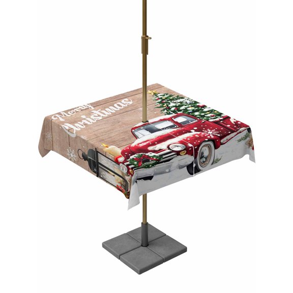 Outdoor Tablecloth with Umbrella Hole and Zipper, Red Truck Christmas Square Table Cloth 54x54 Inch Waterproof Tablecloth, Xmas Tree Snowflake Gifts Winter Wooden Picnic Table Cover for Patio Camping