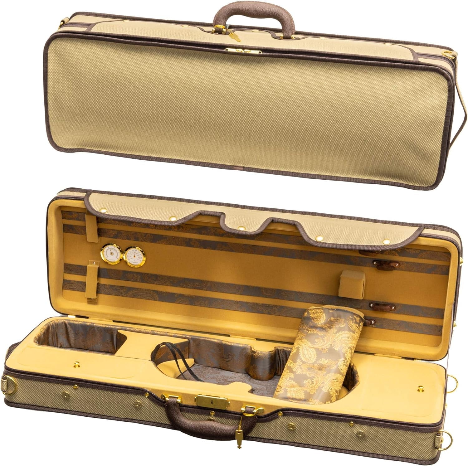 MI&VI NF-9001CC Maestro Hard-Shell Violin Case 4/4 (Full Size) Polishing Cloth Included | Luxury Silk Interior | High-Density | Adjustable Straps | Hygrometer | Thermometer (Beige)