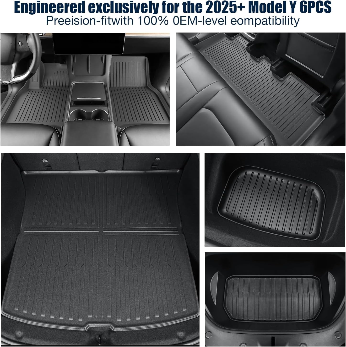 RONGTUO 6-Piece All-Weather TPE Floor Mats for 2025-2026 Tesla Model Y Juniper (5-Seater), with Frunk & Trunk Mat, Black
