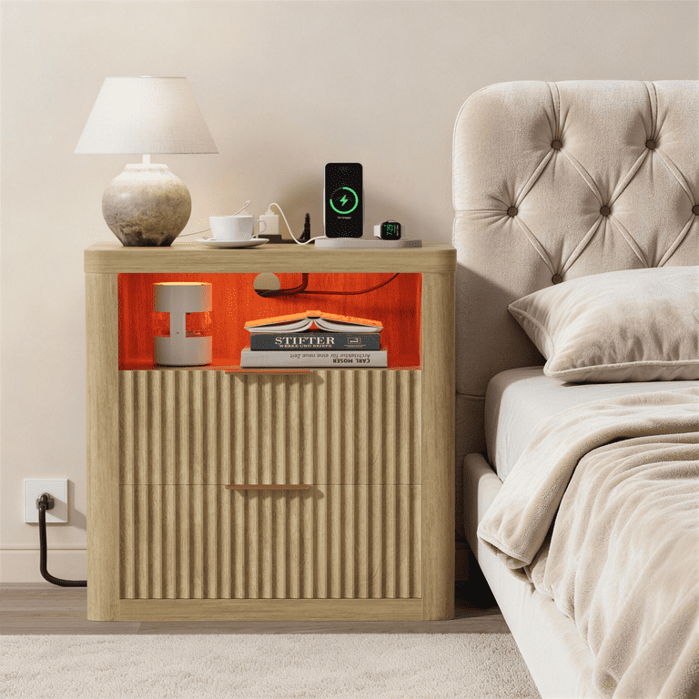 Homall Nightstand with Charging Station & LED Lights, Heavy-Duty Modern End Table with 2 Drawers, Bedside Table for Bedroom, Living Room, Natural