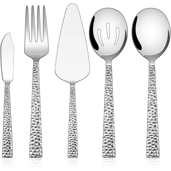 Hammered Serving Utensils, 5-Piece Stainless Steel Square Hostess Serving Set for Buffet Party Kitchen Restaurant, Mirror Finished & Dishwasher Safe