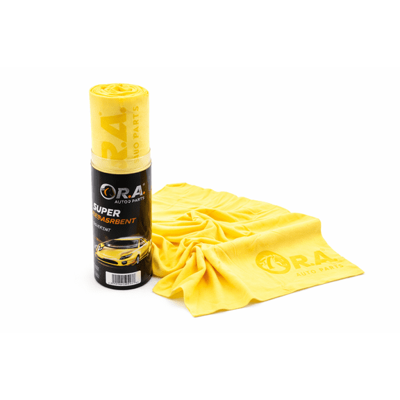 R.A. 26x17 Shammy Cloth for Car Drying - Super Absorbent Synthetic Chamois with 20x Water Absorption, Streak-Free Finish & Storage Container - Large PVA Car Towels (Yellow)