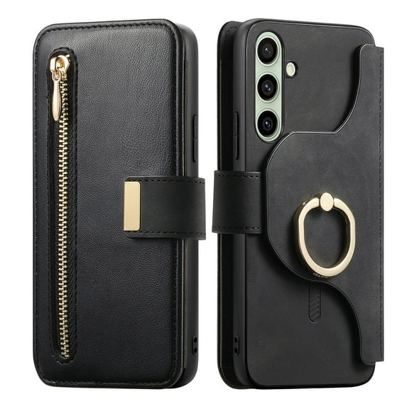 Dteck for Samsung Galaxy S24 Plus Wallet Case with Card Holder, RFID Blocking PU Leather Flip Cover Ring Holder Zipper Credit Card Slots Detachable Phone Case Compatible with MagSafe 6.7",Black