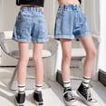 thumbnail image 5 of Tfken Summer Shorts For Girls Solid Color Loose Elastic Waist Denim Shorts With Pockets Fashion Caual Daily Wear Children Comfortable Clothes Blue Size 7-8 Years, 5 of 9