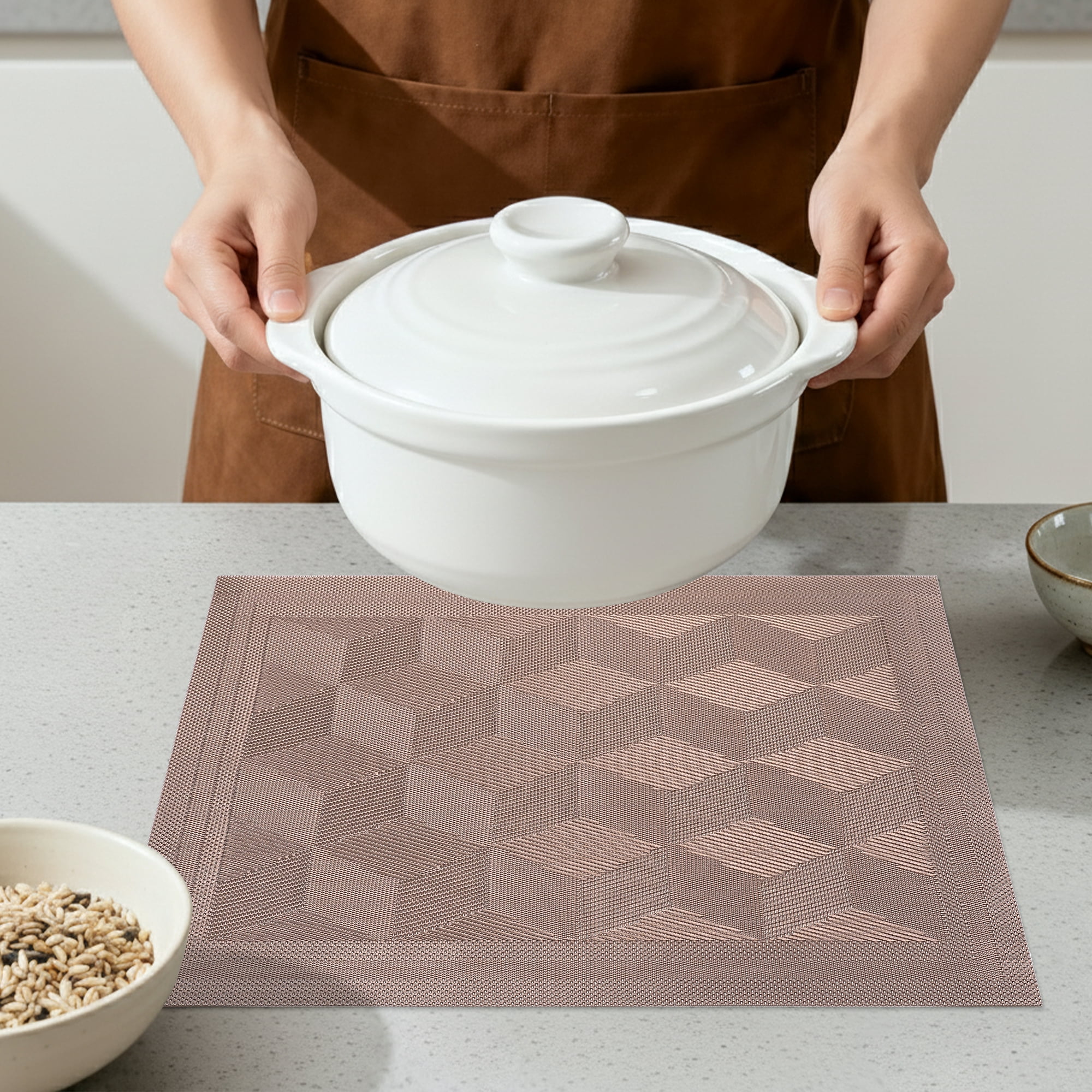 Unique Bargains Set of 6 Washable Plastic Placemats Kitchen Mat Rose Gold