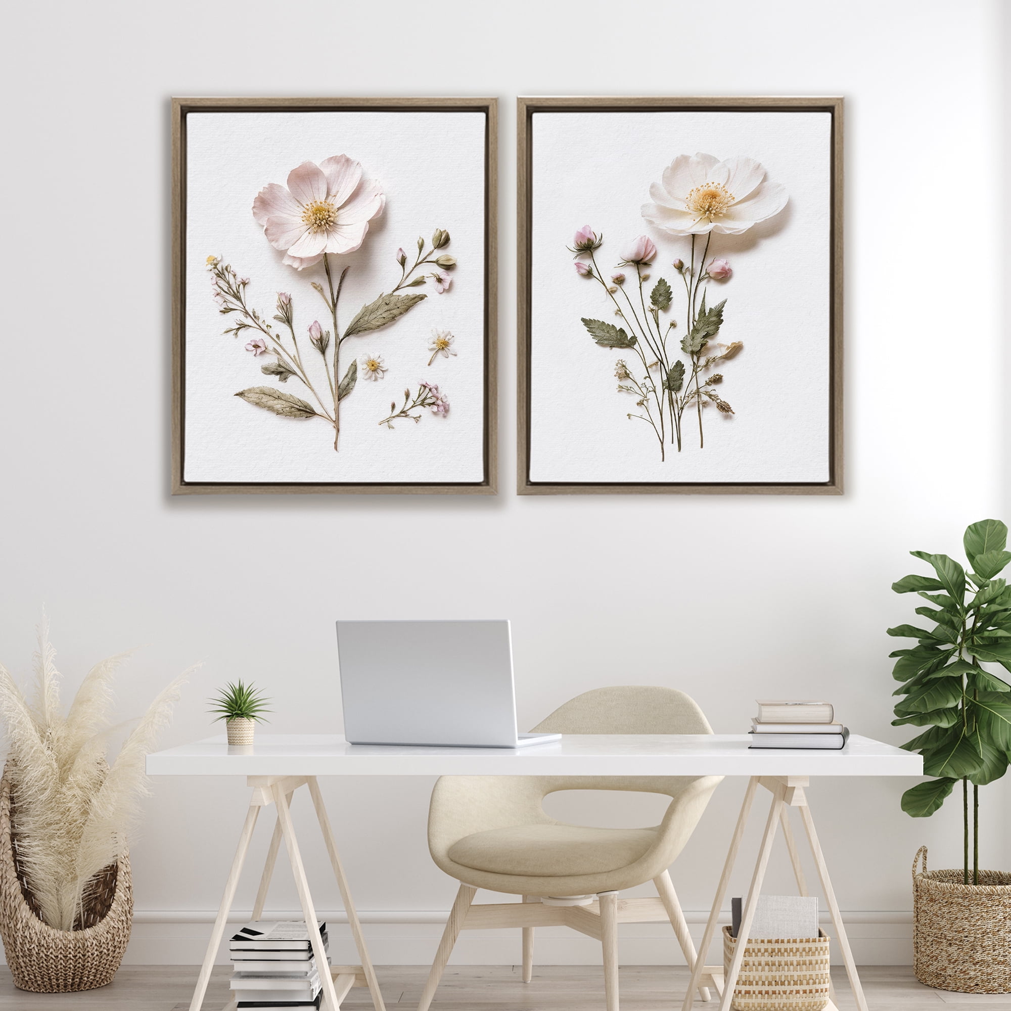 Minimal Pressed Flowers 2 Piece Brown Framed Floater Canvas Set, design by Lettered and Lined