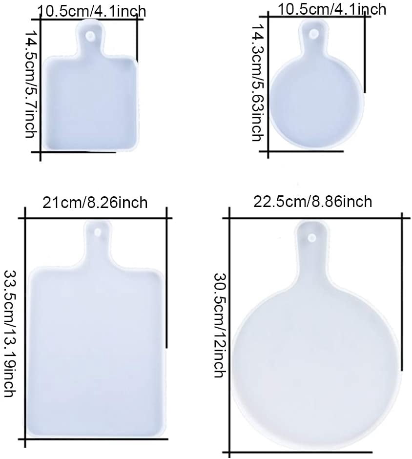 ABCISI 4Pcs Resin Tray Molds, Rectangle Silicone Molds for Cutting Board, Round Epoxy Resin Casting Molds with Handles, DIY Large Serving Tray Mold Set