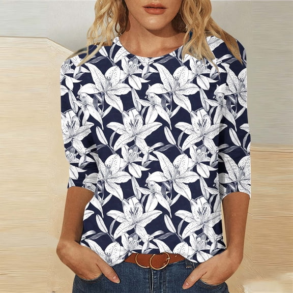 YUNAFFT Hawaiian Print Relaxed Fit Short Sleeve T-Shirt for Women with Round Neck Casual Comfort Top