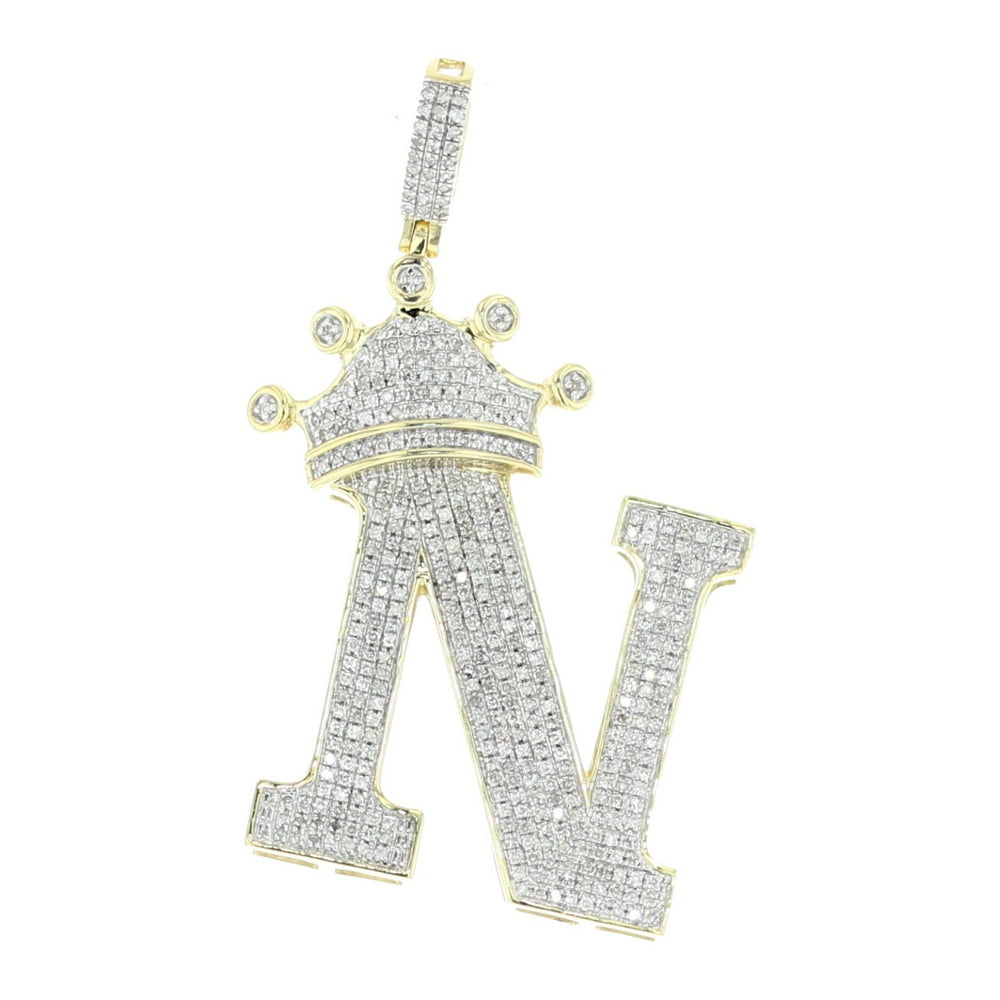 10K Gold Initial N Pendant With Crown Letter N Alphabet N With Diamonds ...