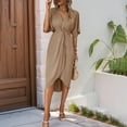 thumbnail image 6 of Women's Dresses Asymmetrical Hem Solid Color Short Sleeve V Neck Raglan Sleeve Casual Dress Khaki XXL, 6 of 6