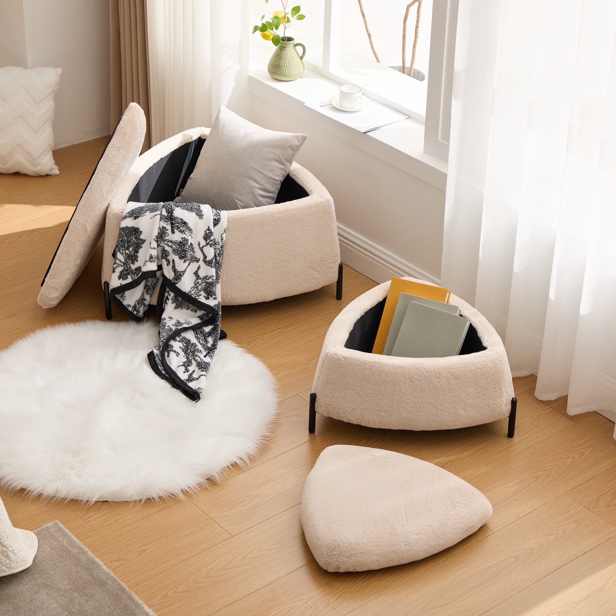 Ottoman Set, Light Camel Faux Fur 2-Piece Set with Large Ottoman Featuring Reversible Wooden Tray Lid and Small Hidden Ottoman, for Footrest, Coffee Table, Seating