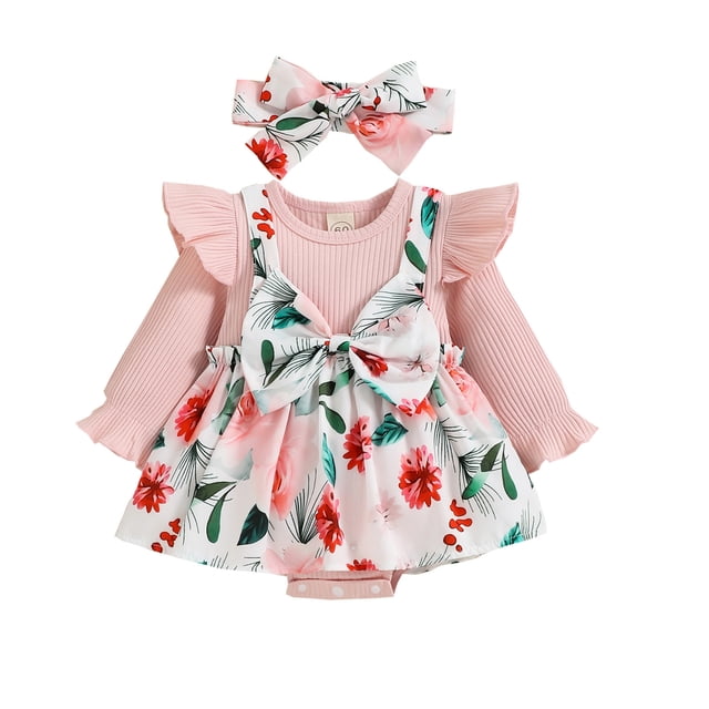 Gibobby Mamelucos para bebe niño Conjunto de diademas para niñas pequeñas con volantes de manga larga con estampado floral y(Rojo, 12-18 Meses)