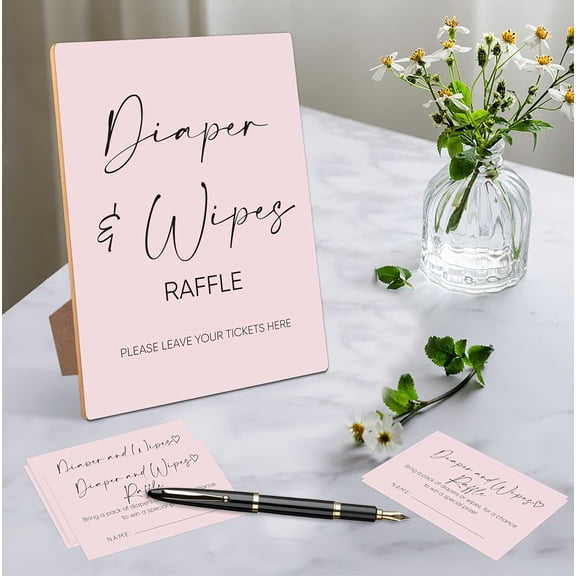 Diaper And Wipes Raffle Baby Shower Games,Baby Shower Decorations,Baby Shower Signs,Gender Reveal Decorations,Baby Shower Bingo,1 Wooden Play Sign with Stand and 50 Raffle Tickets Set （Pink14）