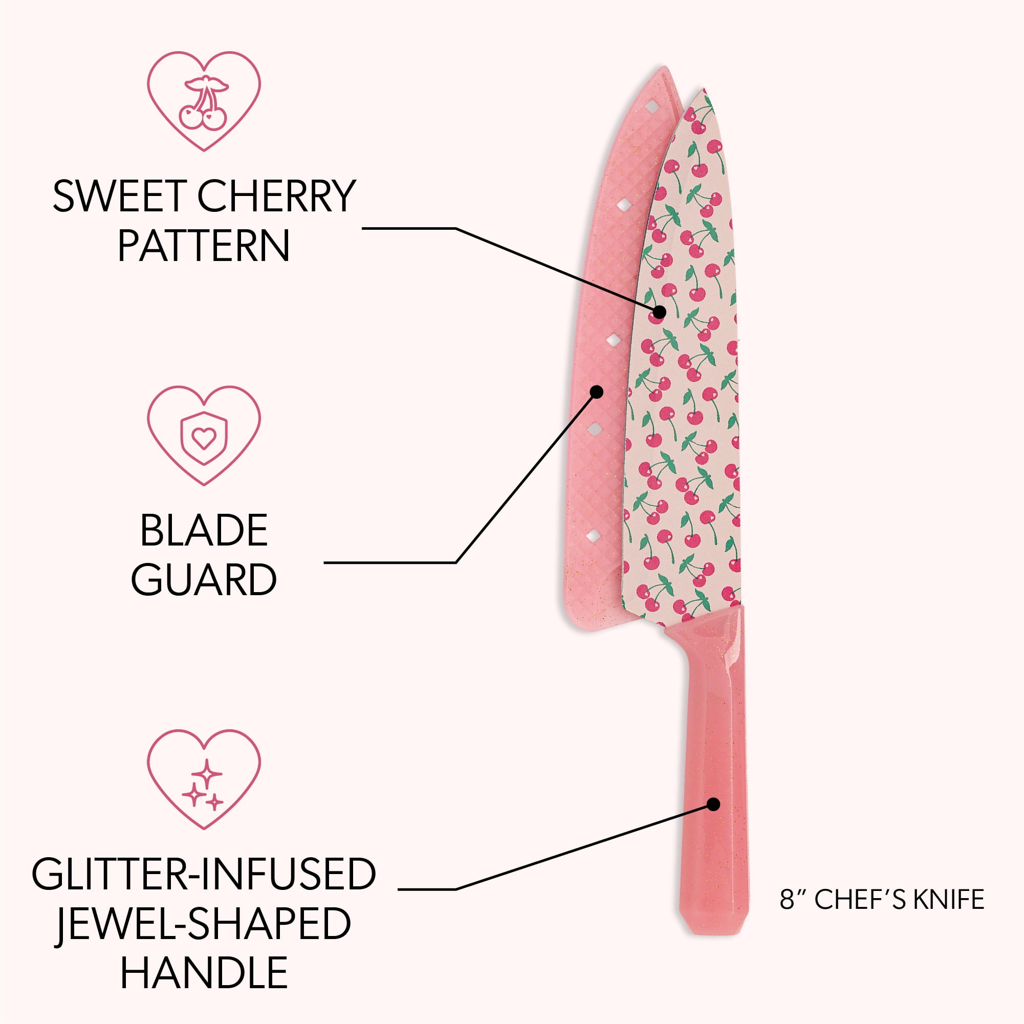 Paris Hilton 3-Piece Cutlery Set, Stainless Steel Blades with Cherry Decal, Pink Jewel-Faceted Handles