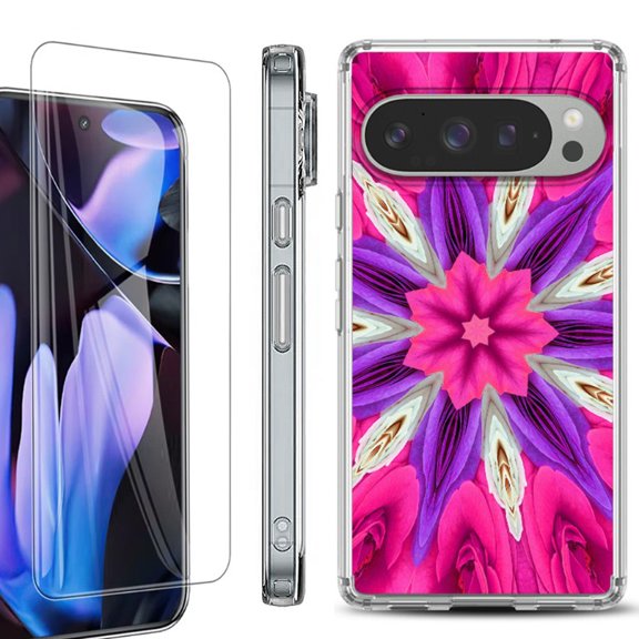 For Google Pixel 9 Pro XL Phone Case Cover, Shockproof Bumper Case with Tempered Glass Screen Protector, by OneToughShield - Kaleidoscope Rose