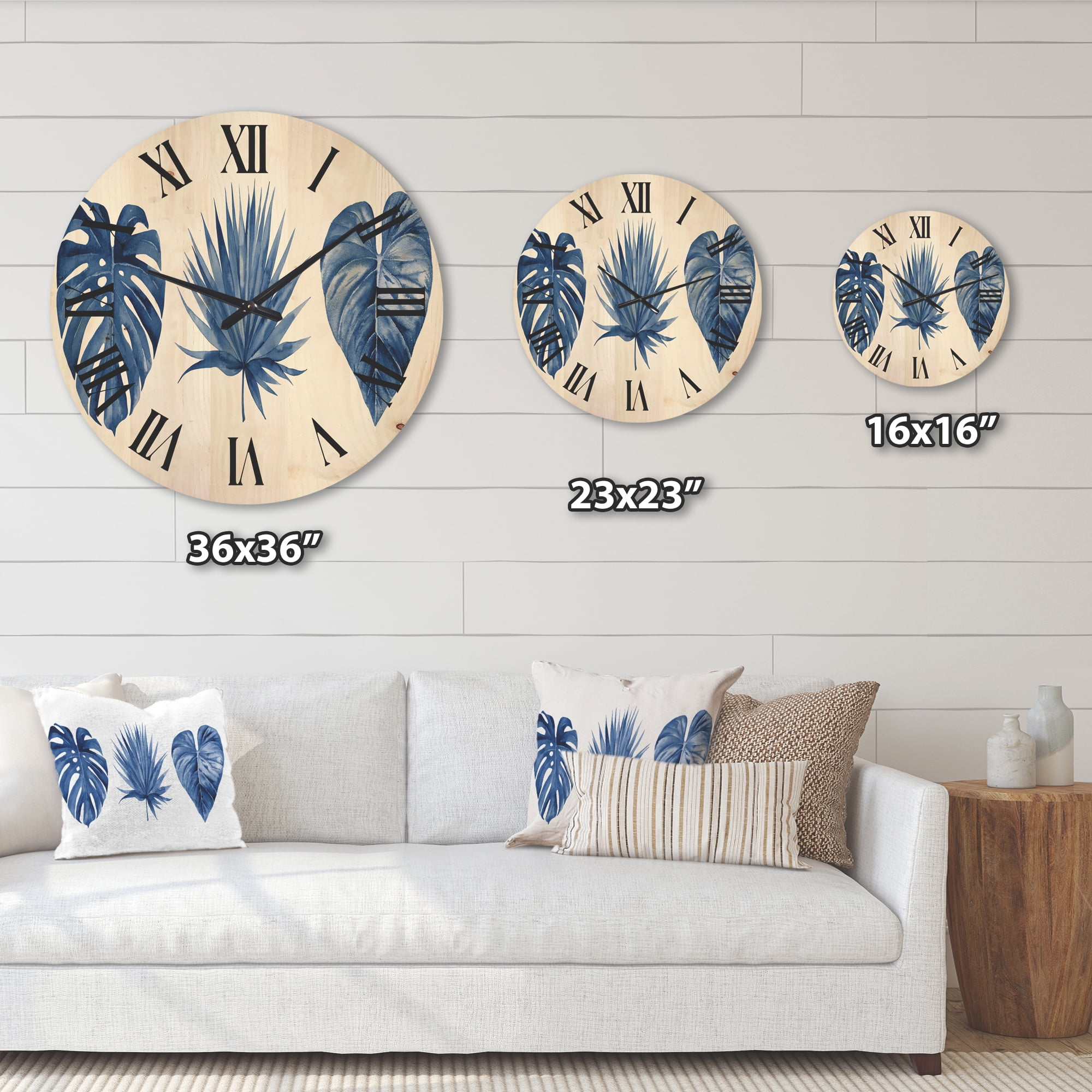 Designart 'Tropical Leaves In Classic Blue ' Tropical Wood Wall Clock