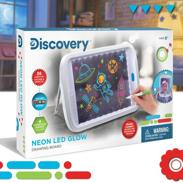 Discovery Kids Neon LED Glow Drawing Board With 4 Fluorescent Markers, Toys  Gifts for Toddler, Boys and Girls 