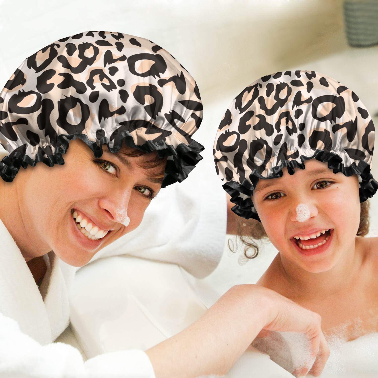 Shower Caps,Beige and Black Of Leopard Print Waterproof Shower Cap for Women 4 Pieces,Double Reusable Hair Cover for Shower PEVA Elastic Stretch Hem