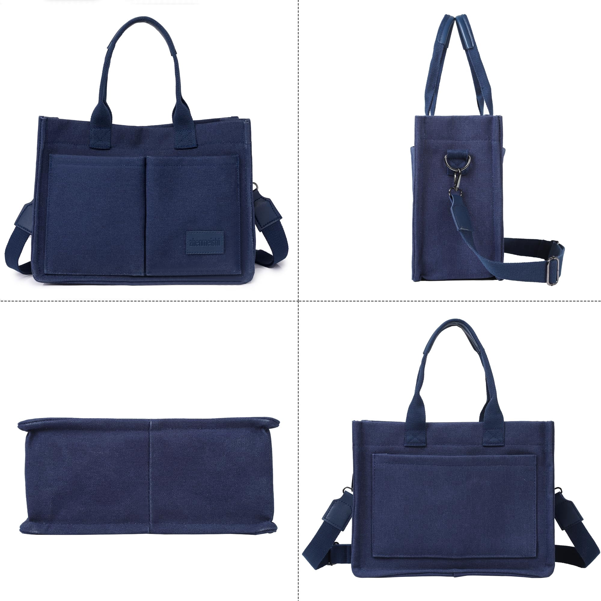 AOUNQ Canvas Tote Bag for Women Trendy Purse and Handbags Work Tote Bags with Pockets Crossbody Satchel Bag,Blue