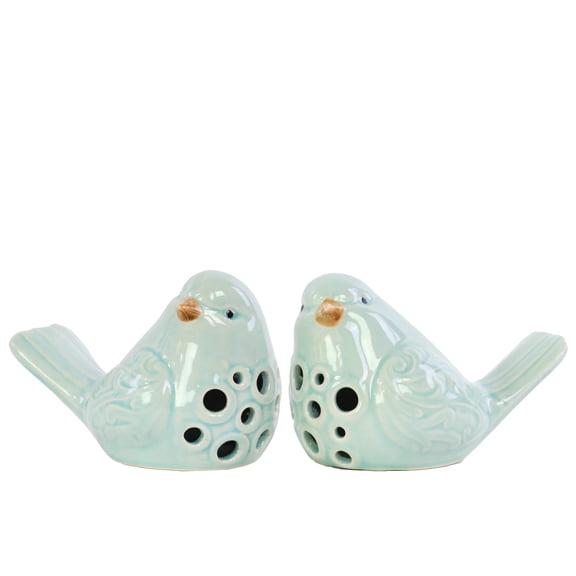 Urban Trends Collection 12916-AST 4 Piece Gloss Sky Blue Porcelain Bird Figurine with Round Cutout Design Assortment, Set of Two - 6.00 x 4.00 x 4.50 in.