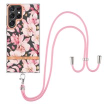 SaniMore Crossbody Design Case for Samsung Galaxy S23 Ultra (6.8" 2023), Adjustable Shoulder Strap Shockproof Silicone Floral Back Cover for Girls Women [Slim Lightweight] Cord Cover, Pink Flower