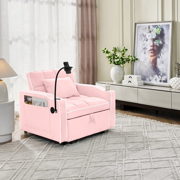 Miekor Furniture Convertible Sleeper Chair Sofa Bed Adjustable Pull Out Sleeper Chair Bed Multi-Pockets Folding Sofa Bed for Living Room Bedroom Small Space,3-in-1 Sofa Bed(PINK) 08343