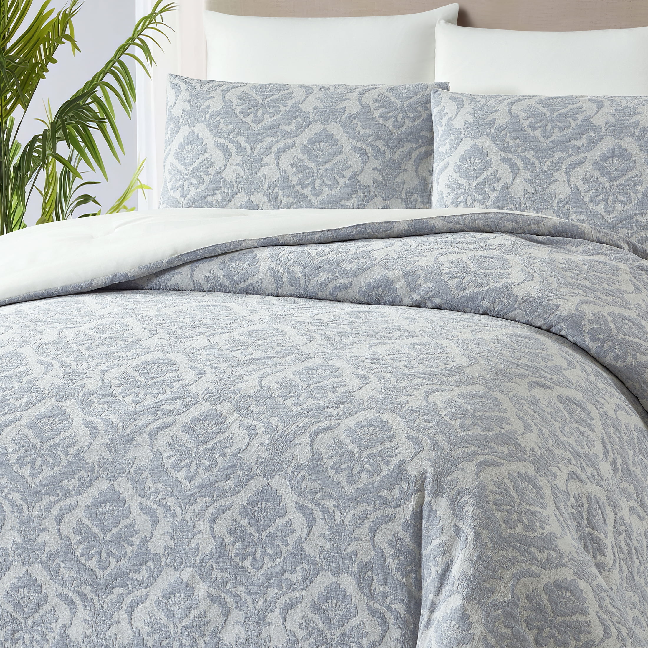 Better Homes & Gardens Woven Damask 3-Piece Comforter Set, Blue/Silver, King, All Ages