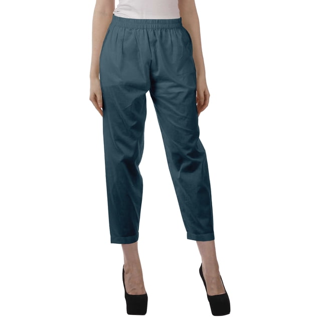 Moomaya Solid Color Elastic Waist Pants Cotton Narrow Fit Straight Women Pants For Kurti