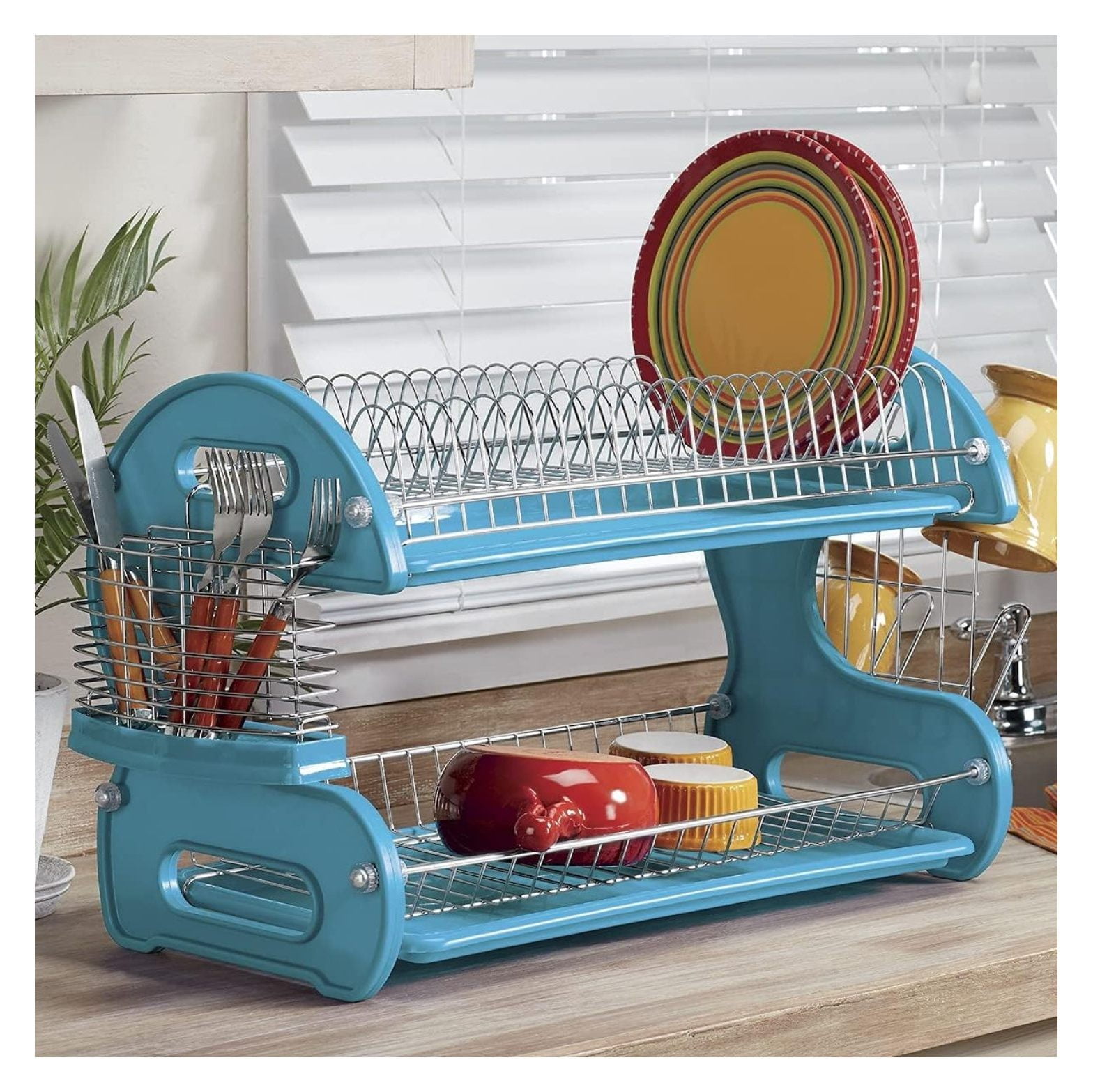 Home Basics 2 Tier Deluxe Chrome Dish Rack Drainer Red 20x13x10 Inches Walmart
